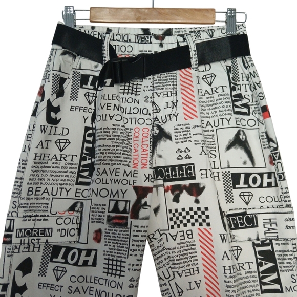 V.I.P. Joggers Canvas Pants Bold Graphic Print Belt Pockets Elastic Waist - Picture 8 of 14